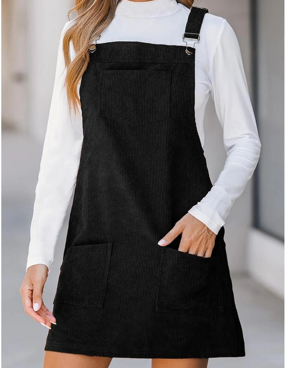 Black Solid Front Pockets Sleeveless Corduroy Overall Dress