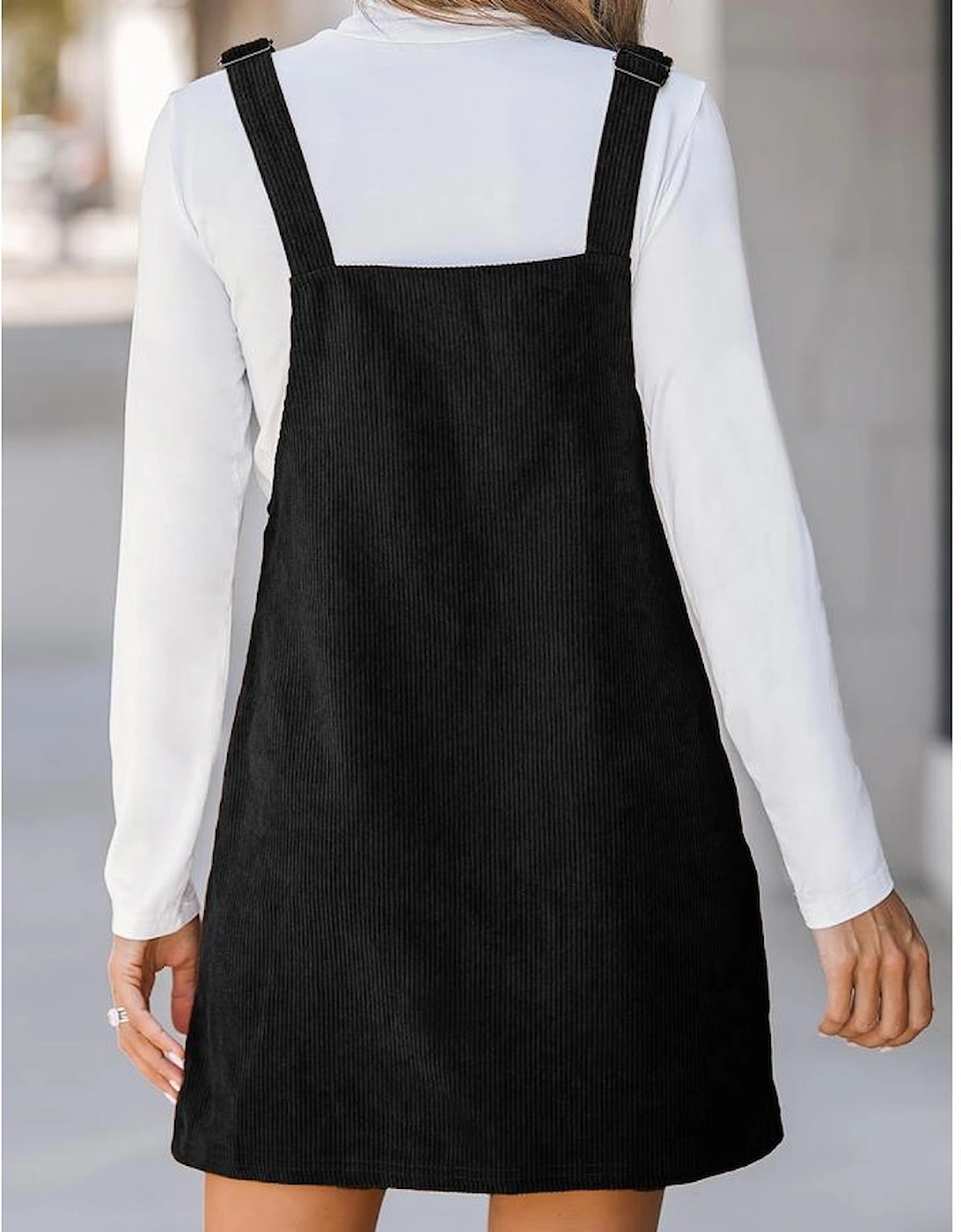 Black Solid Front Pockets Sleeveless Corduroy Overall Dress