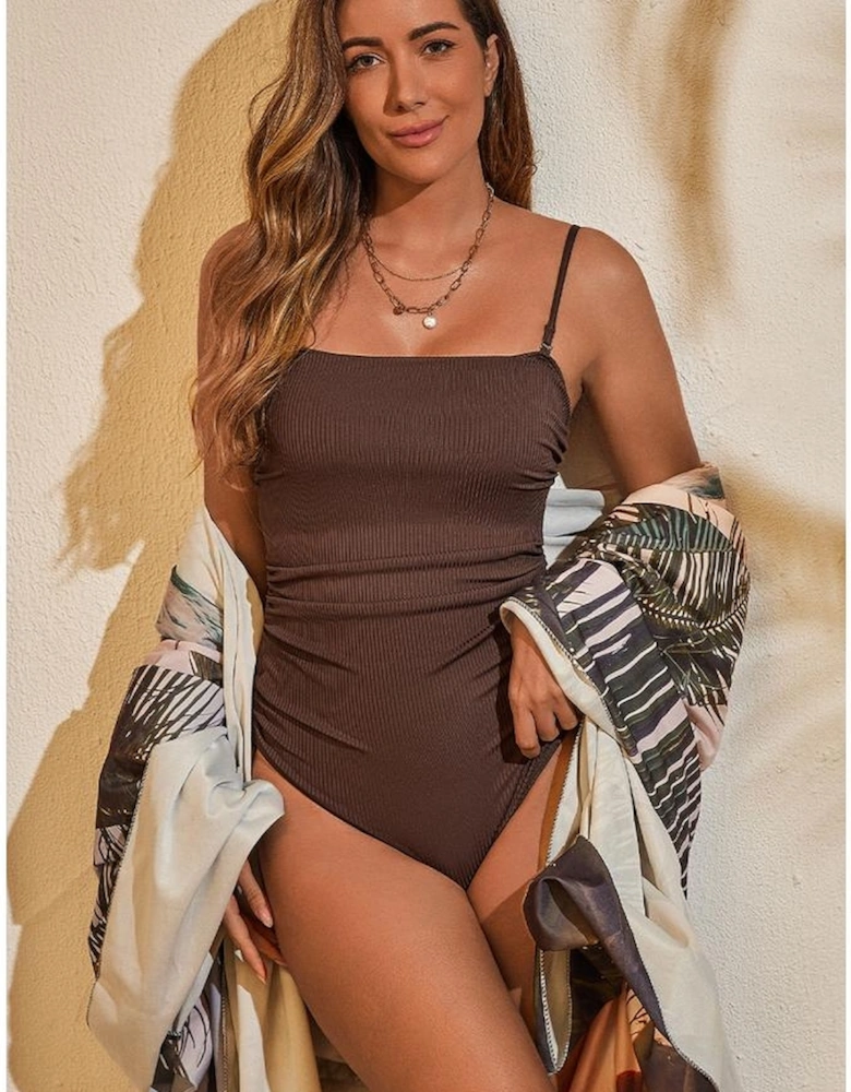 Coffee Ribbed Drawstring Sides Cutout One Piece Swimsuit