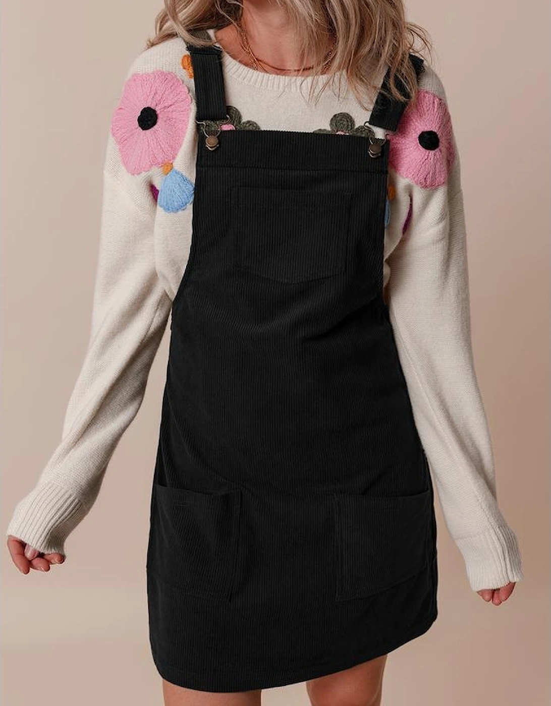 Black Solid Front Pockets Sleeveless Corduroy Overall Dress