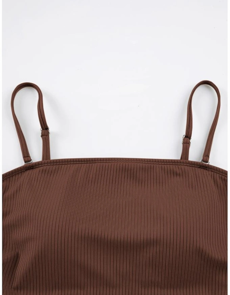 Coffee Ribbed Drawstring Sides Cutout One Piece Swimsuit