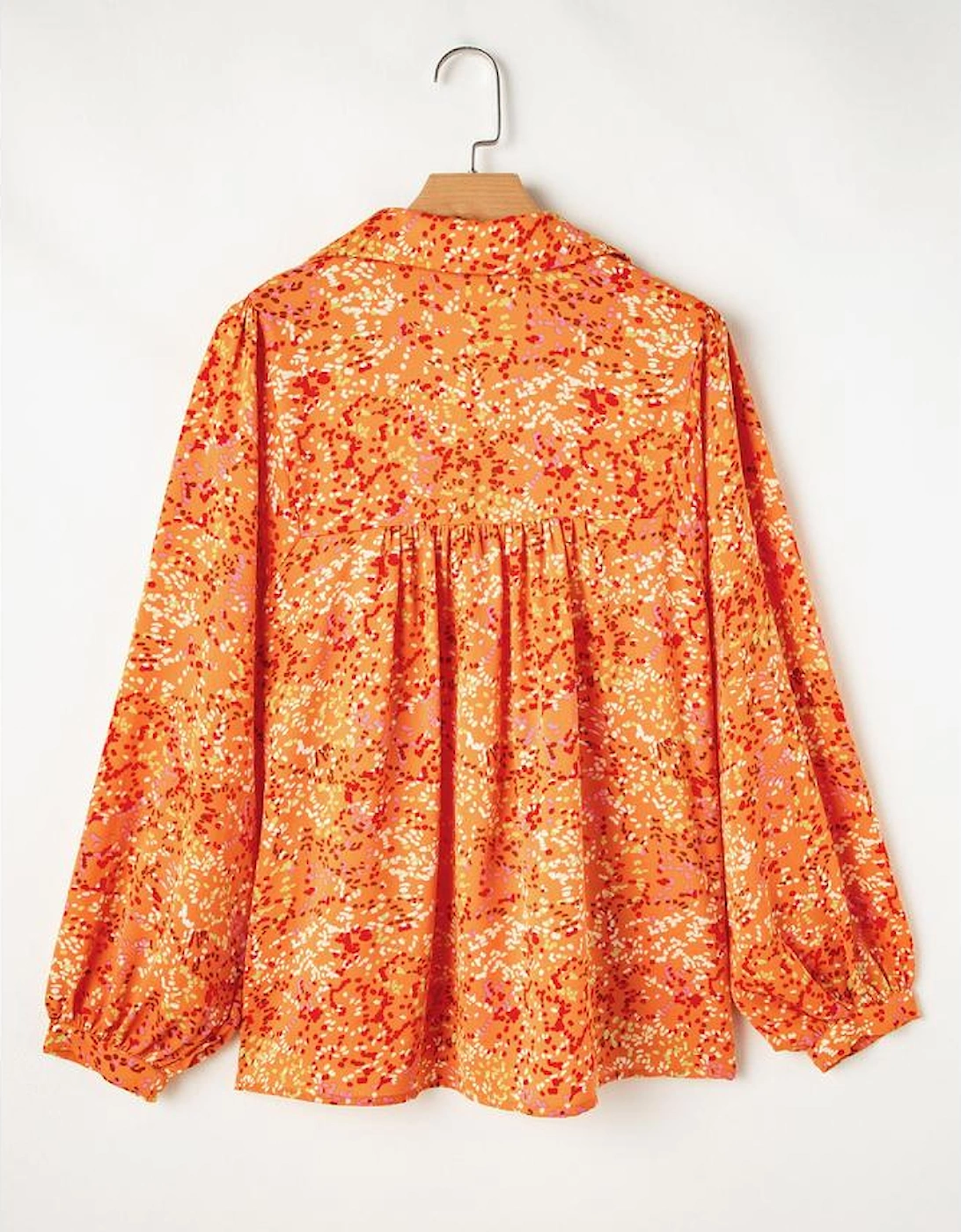 Orange Abstract Print Collared V Neck Babydoll Blouse