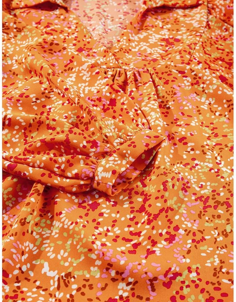 Orange Abstract Print Collared V Neck Babydoll Blouse