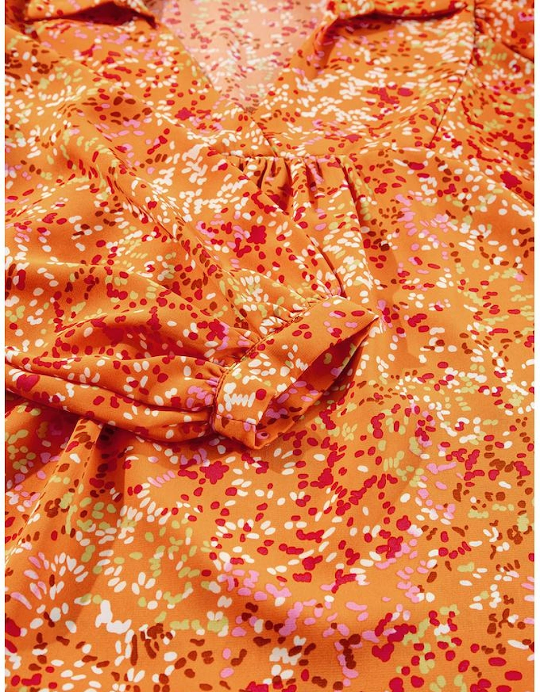 Orange Abstract Print Collared V Neck Babydoll Blouse