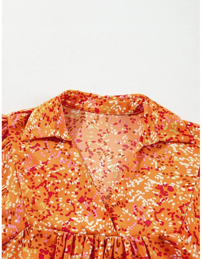 Orange Abstract Print Collared V Neck Babydoll Blouse