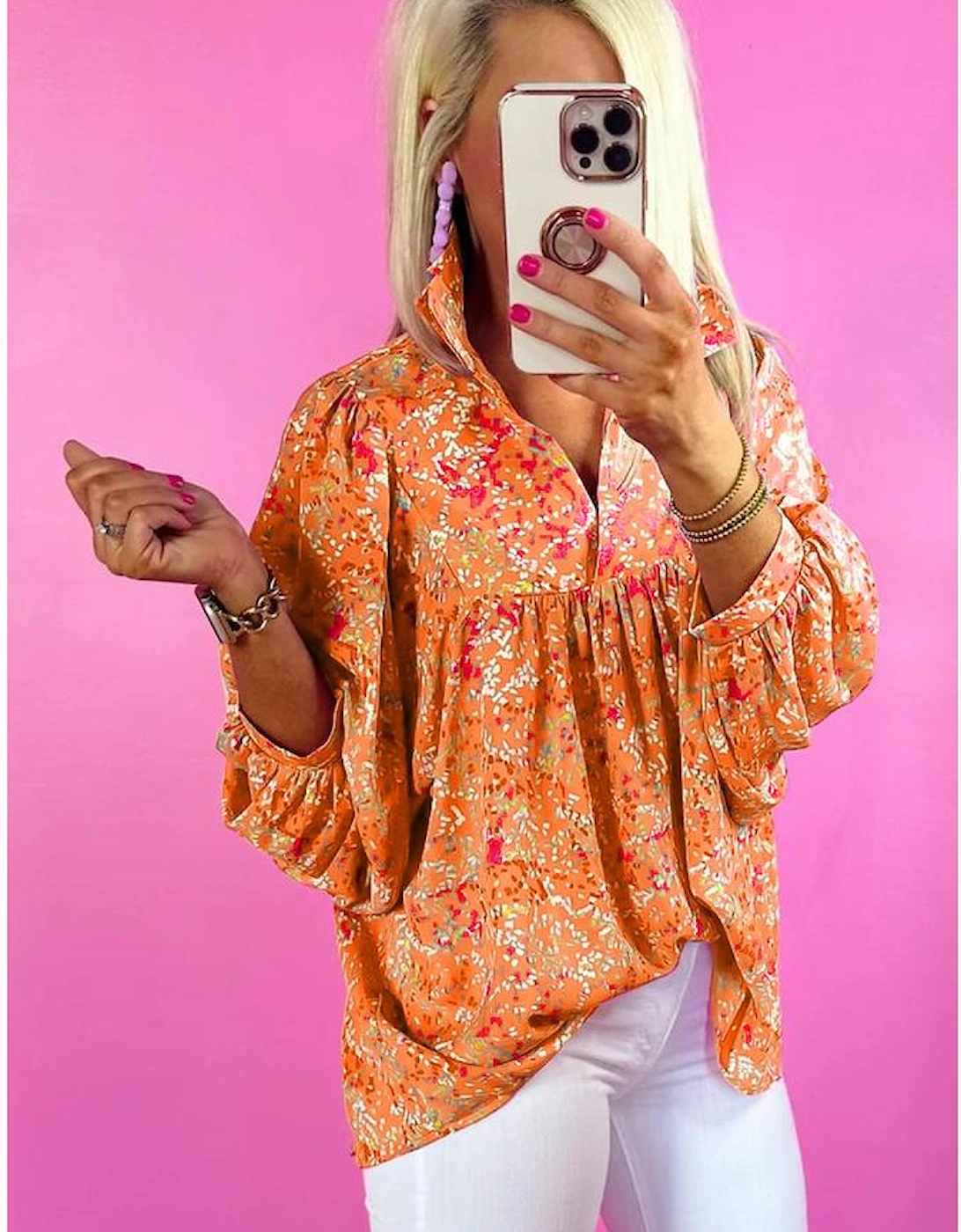 Orange Abstract Print Collared V Neck Babydoll Blouse