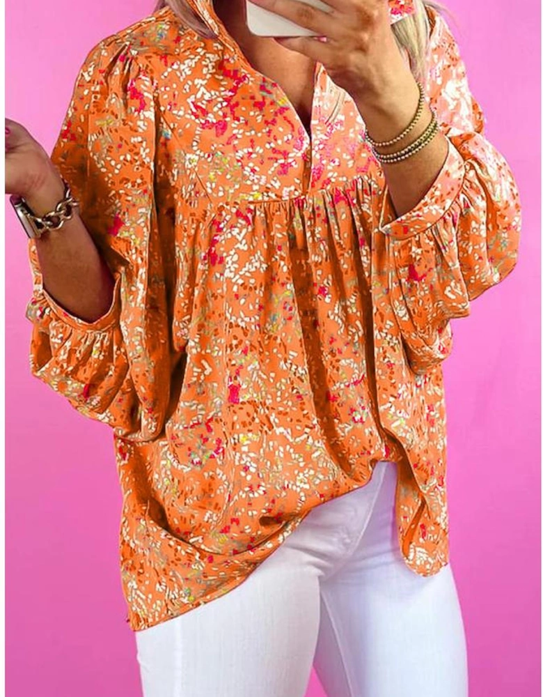Orange Abstract Print Collared V Neck Babydoll Blouse