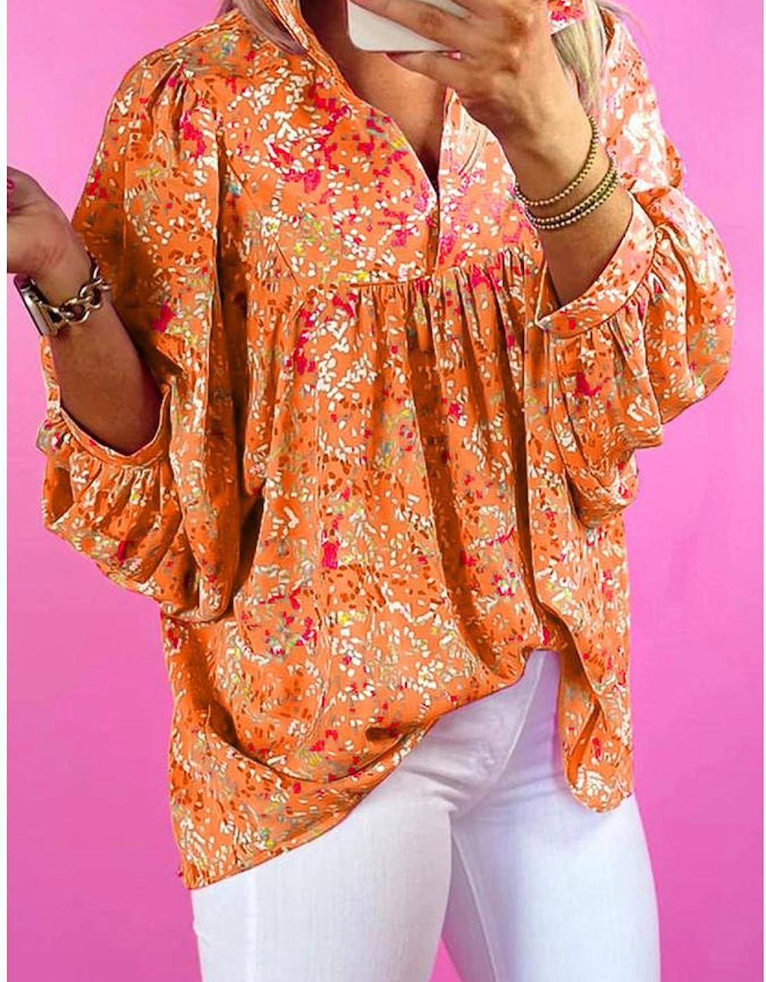 Orange Abstract Print Collared V Neck Babydoll Blouse