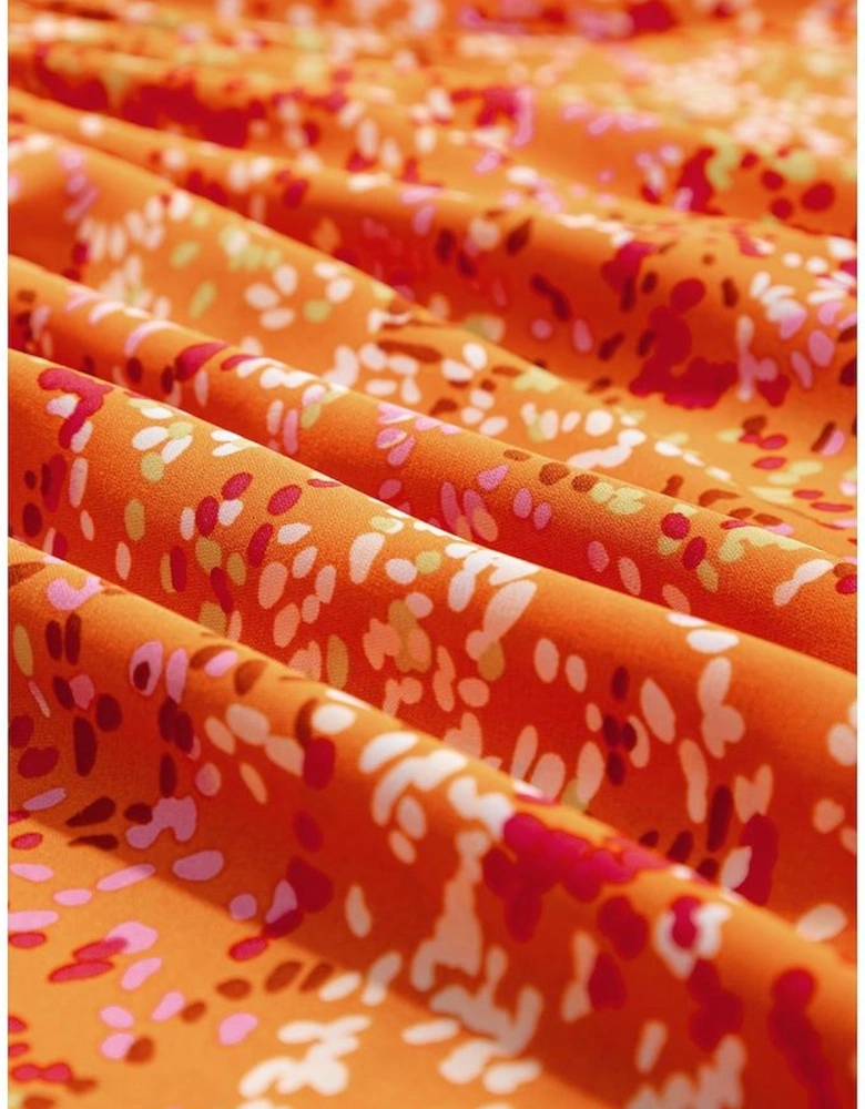 Orange Abstract Print Collared V Neck Babydoll Blouse