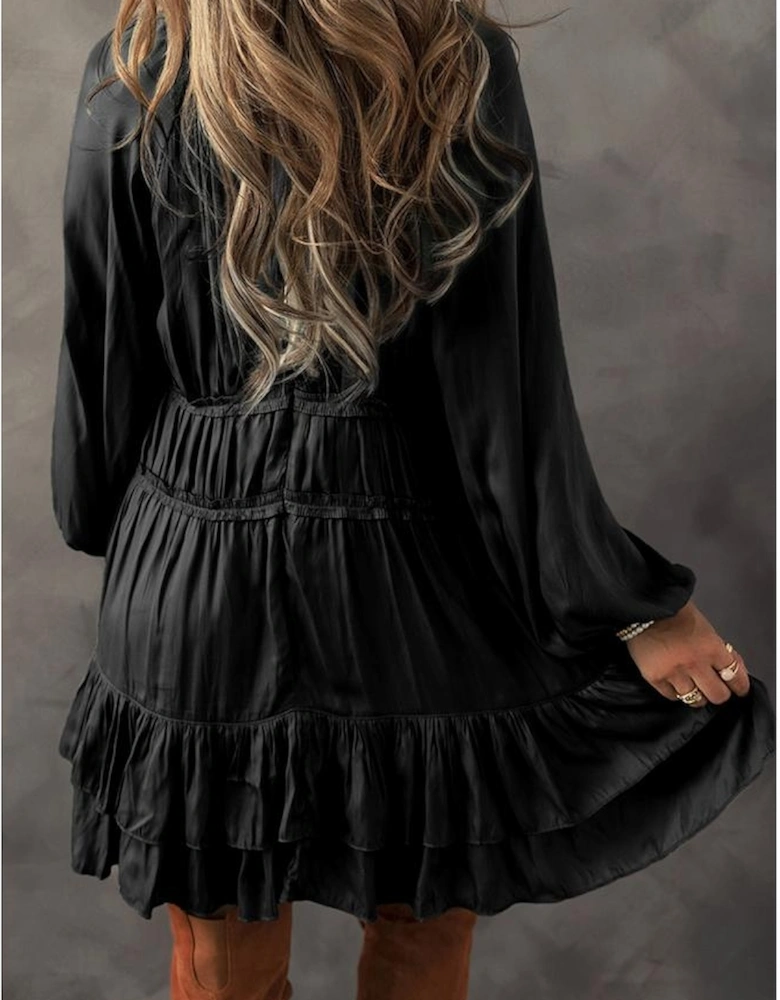 Black Tiered Ruffled Puff Sleeve Loose Fit Mini Dress