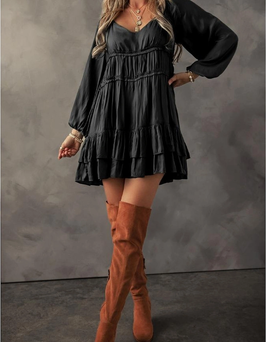 Black Tiered Ruffled Puff Sleeve Loose Fit Mini Dress, 12 of 11
