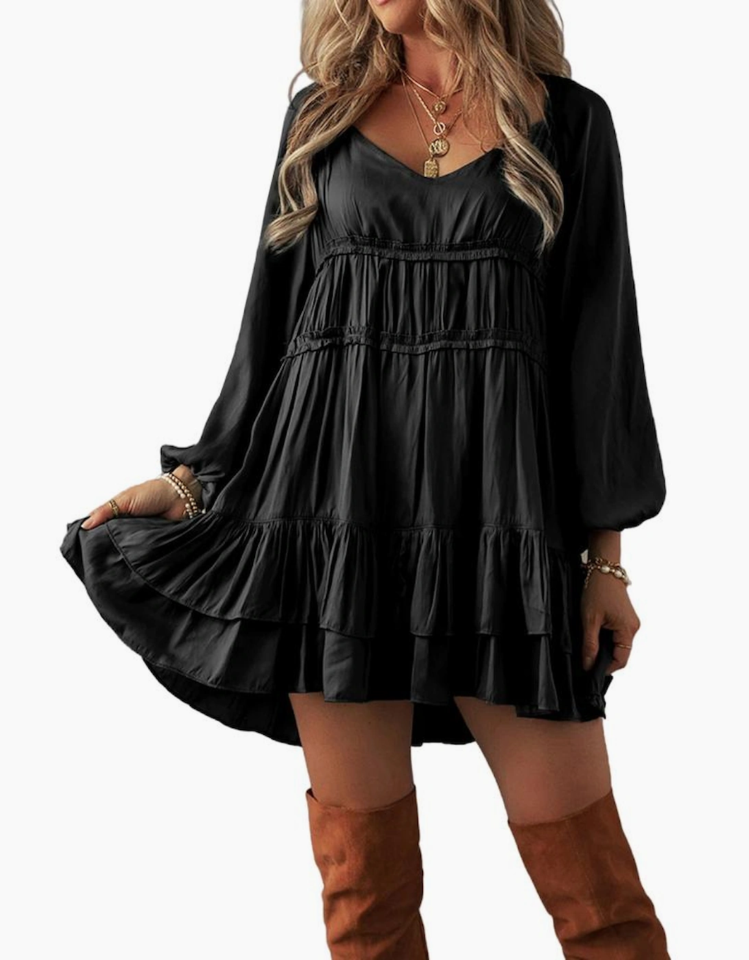 Black Tiered Ruffled Puff Sleeve Loose Fit Mini Dress