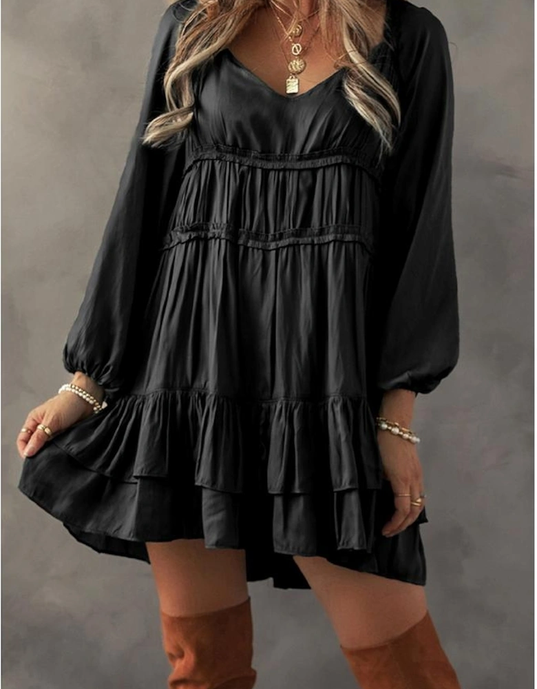 Black Tiered Ruffled Puff Sleeve Loose Fit Mini Dress