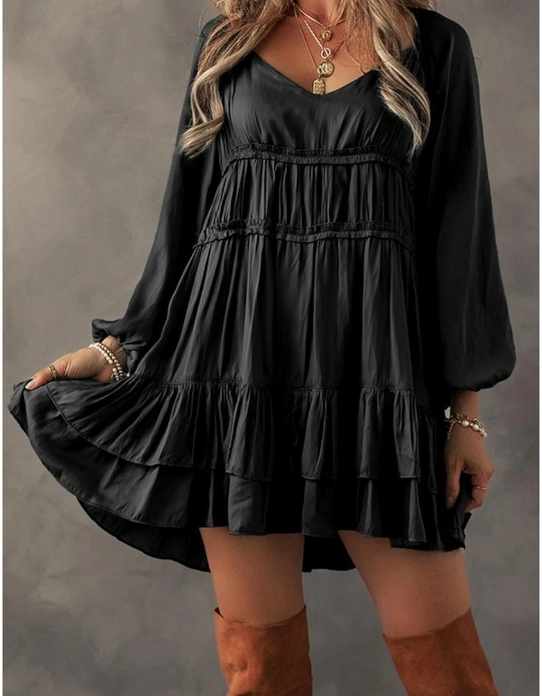 Black Tiered Ruffled Puff Sleeve Loose Fit Mini Dress
