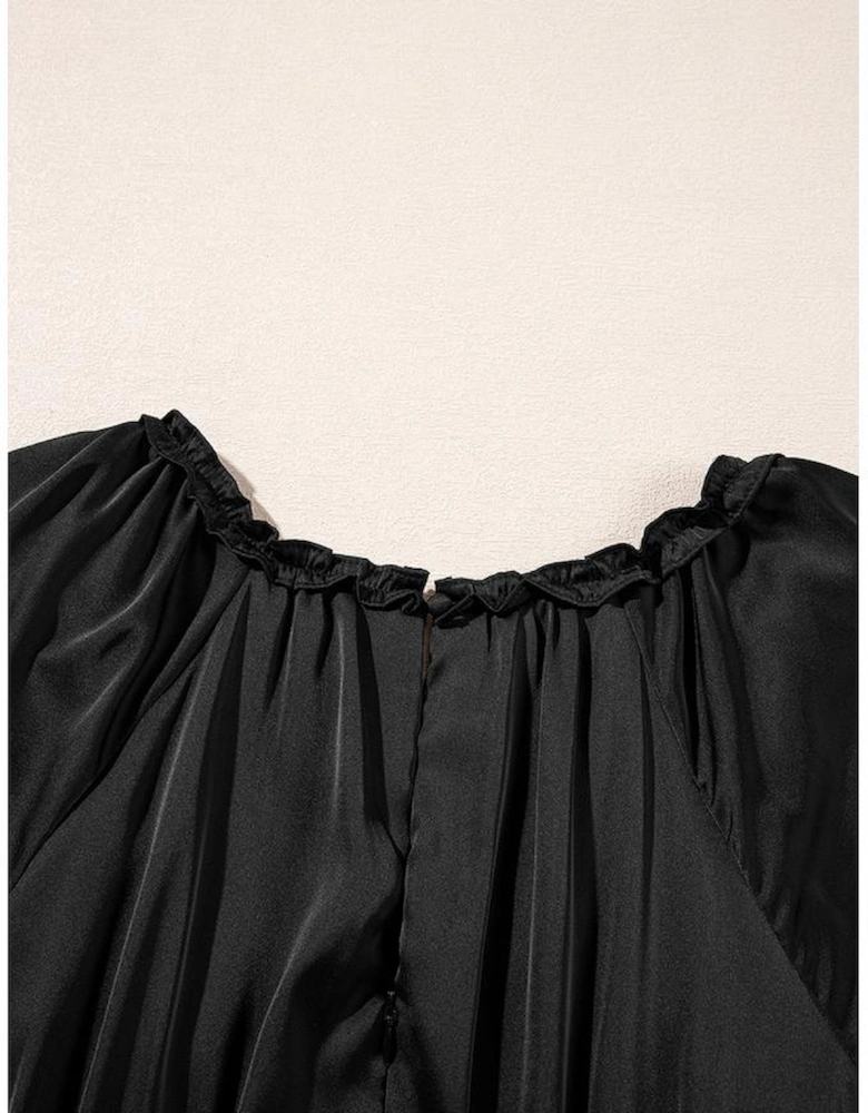 Black Tiered Ruffled Puff Sleeve Loose Fit Mini Dress