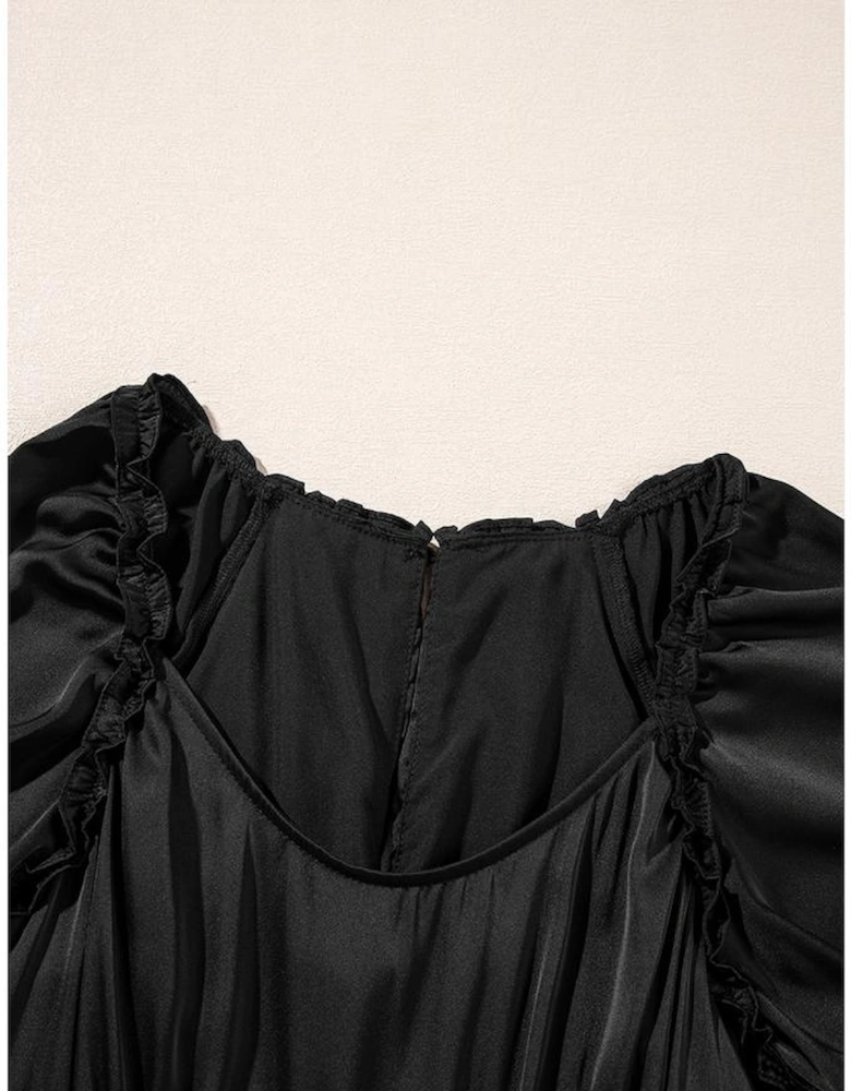 Black Tiered Ruffled Puff Sleeve Loose Fit Mini Dress