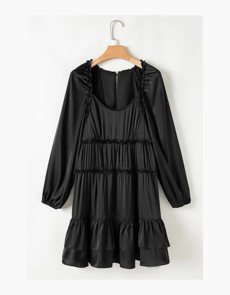 Black Tiered Ruffled Puff Sleeve Loose Fit Mini Dress