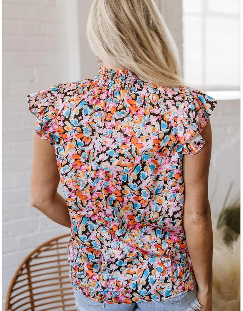 Orange Floral Print Flutter Sleeve Blouse Top