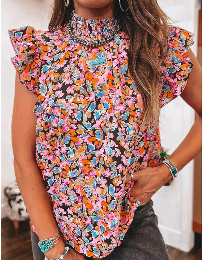 Orange Floral Print Flutter Sleeve Blouse Top