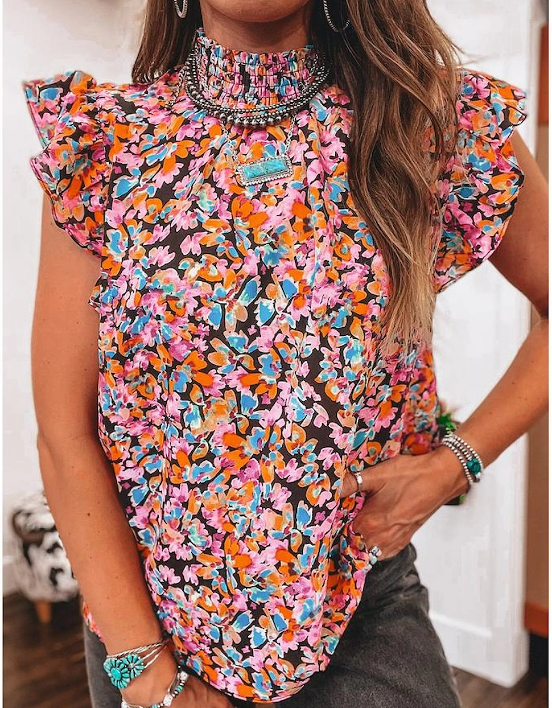 Orange Floral Print Flutter Sleeve Blouse Top