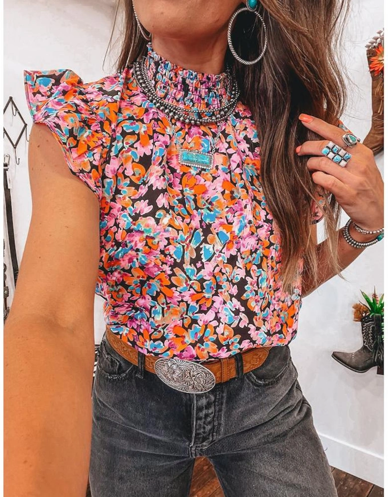 Orange Floral Print Flutter Sleeve Blouse Top