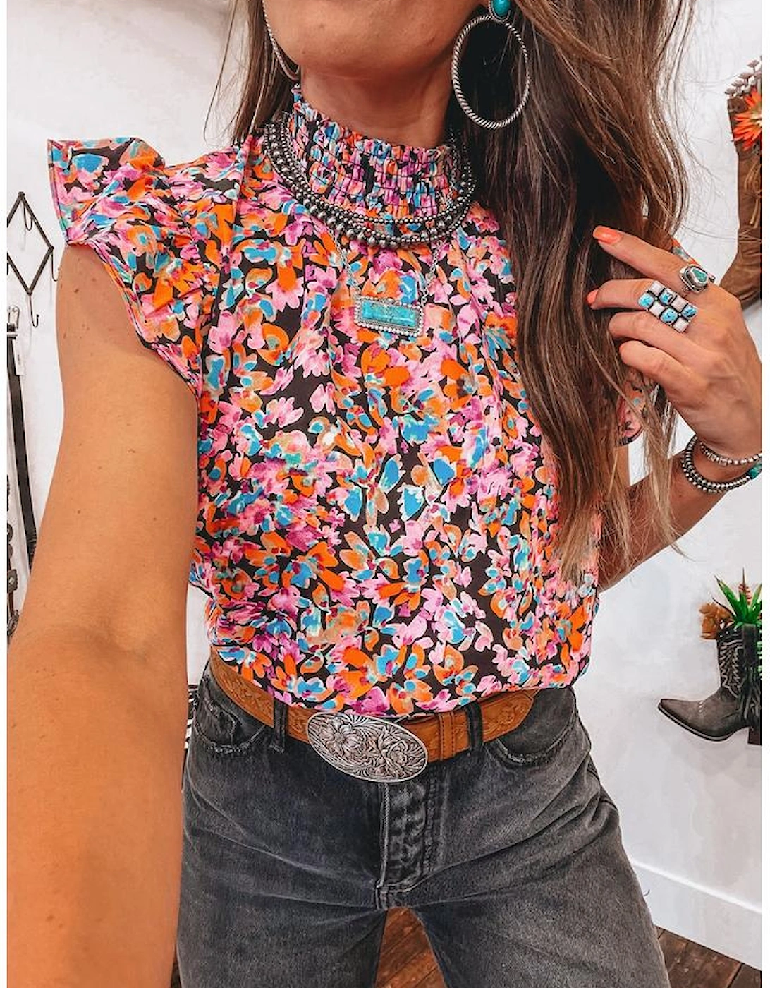Orange Floral Print Flutter Sleeve Blouse Top