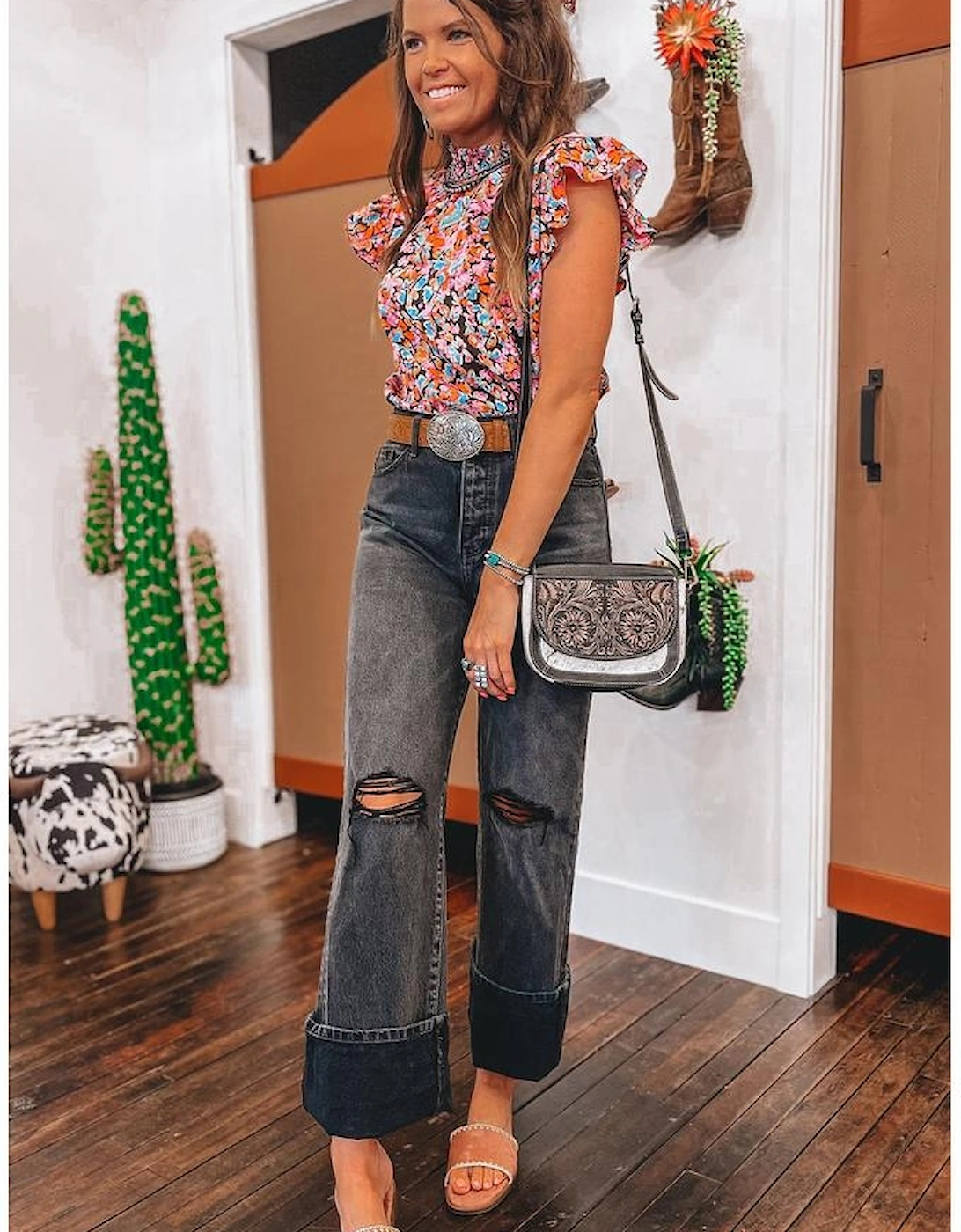 Orange Floral Print Flutter Sleeve Blouse Top