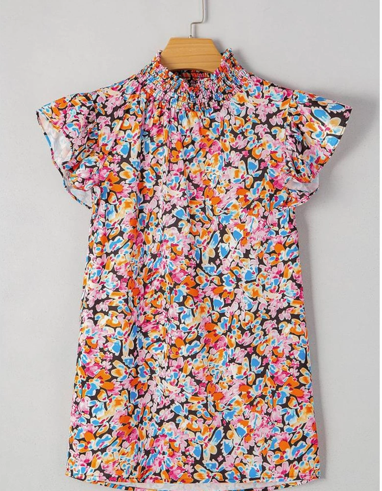 Orange Floral Print Flutter Sleeve Blouse Top