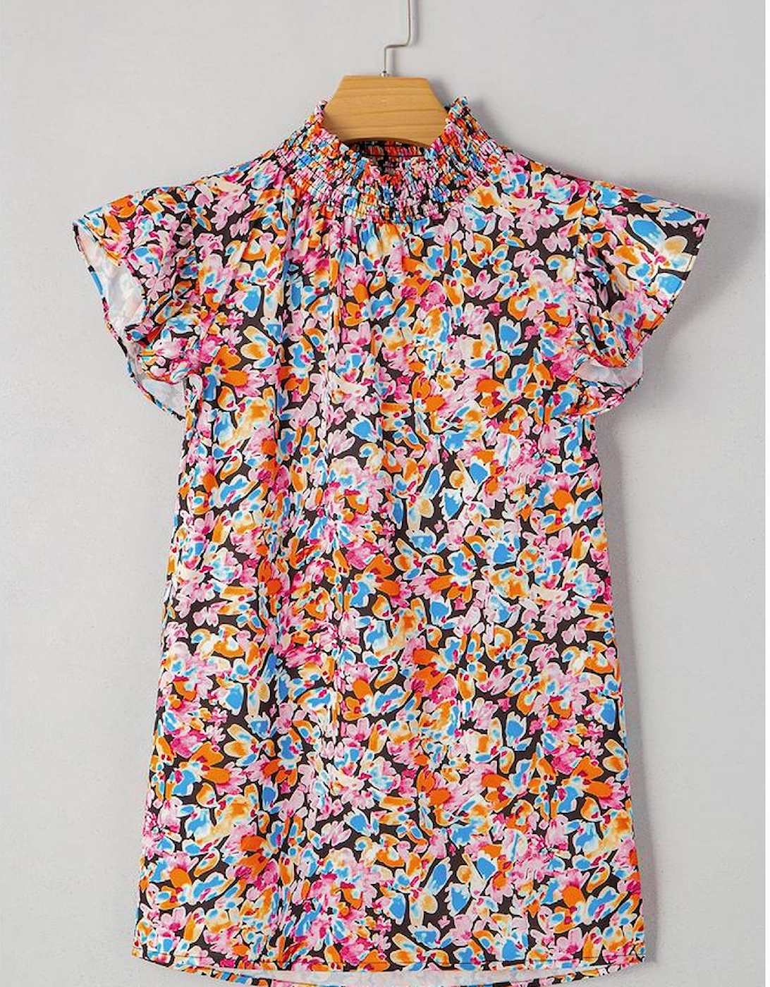 Orange Floral Print Flutter Sleeve Blouse Top