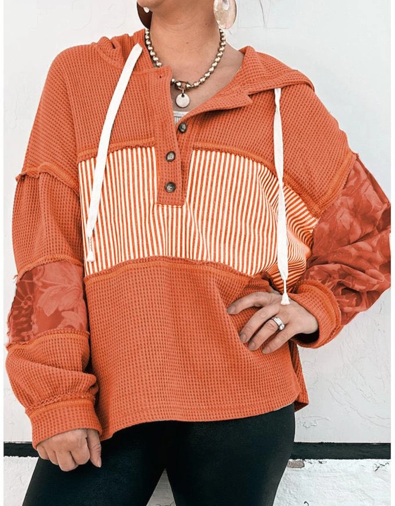 Cinnamon Waffle Printed Patchwork Drawstring Hooded Long Sleeve Top
