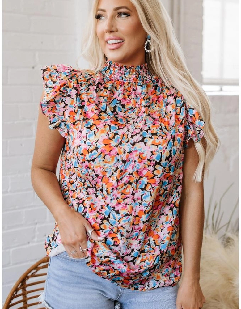 Orange Floral Print Flutter Sleeve Blouse Top