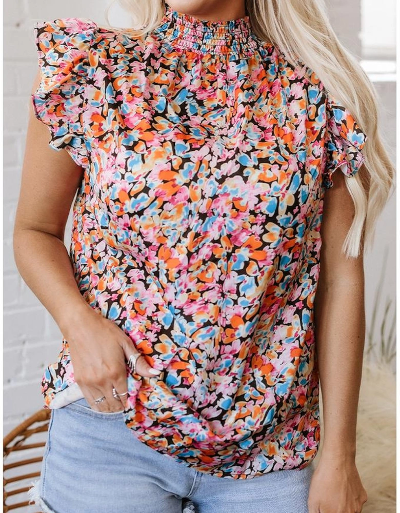 Orange Floral Print Flutter Sleeve Blouse Top
