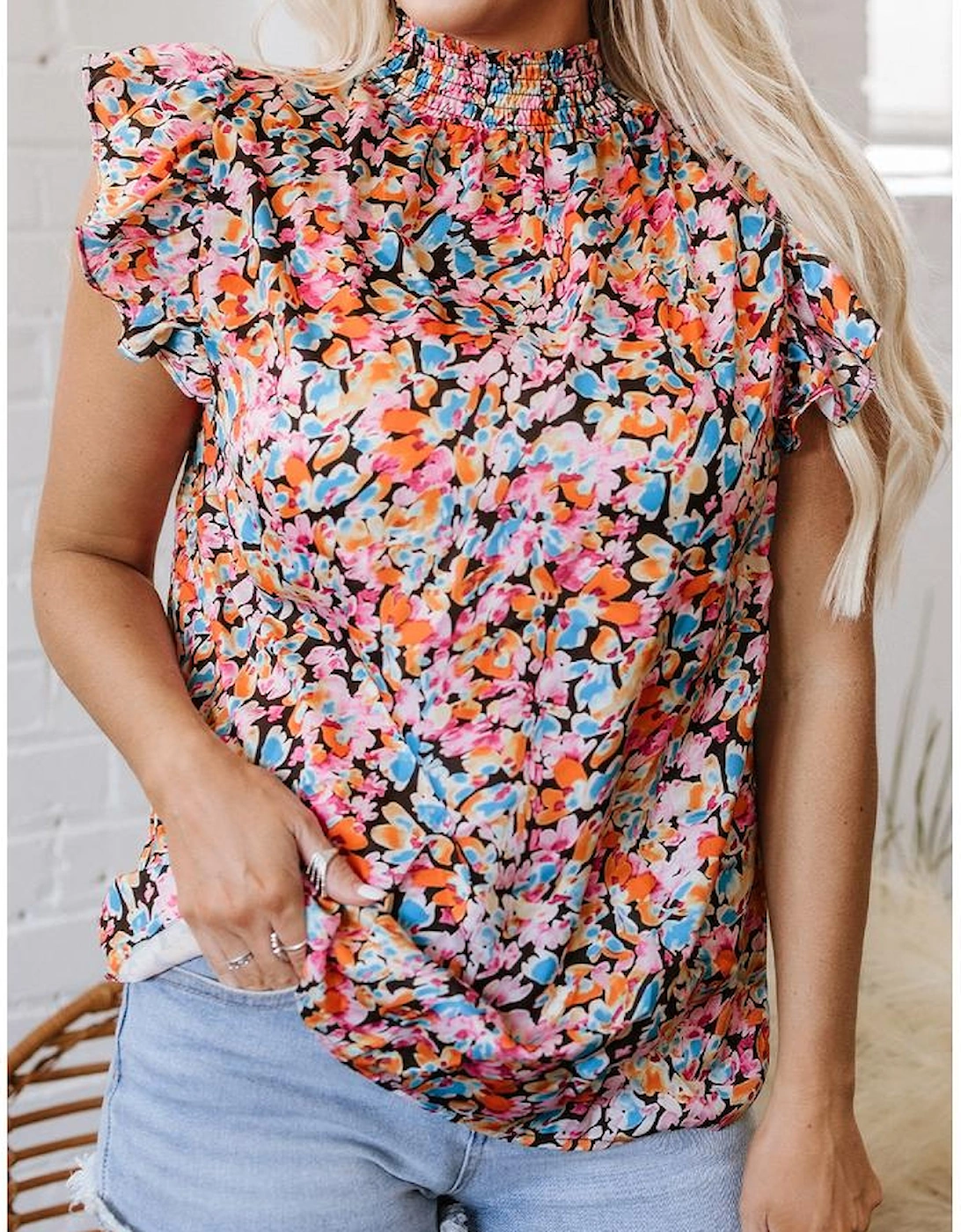 Orange Floral Print Flutter Sleeve Blouse Top