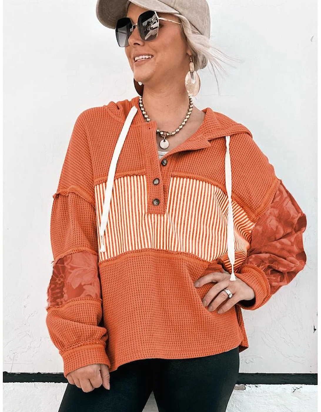 Cinnamon Waffle Printed Patchwork Drawstring Hooded Long Sleeve Top