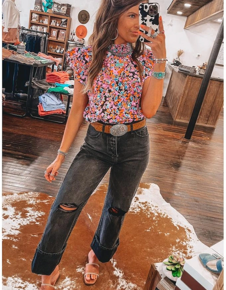 Orange Floral Print Flutter Sleeve Blouse Top