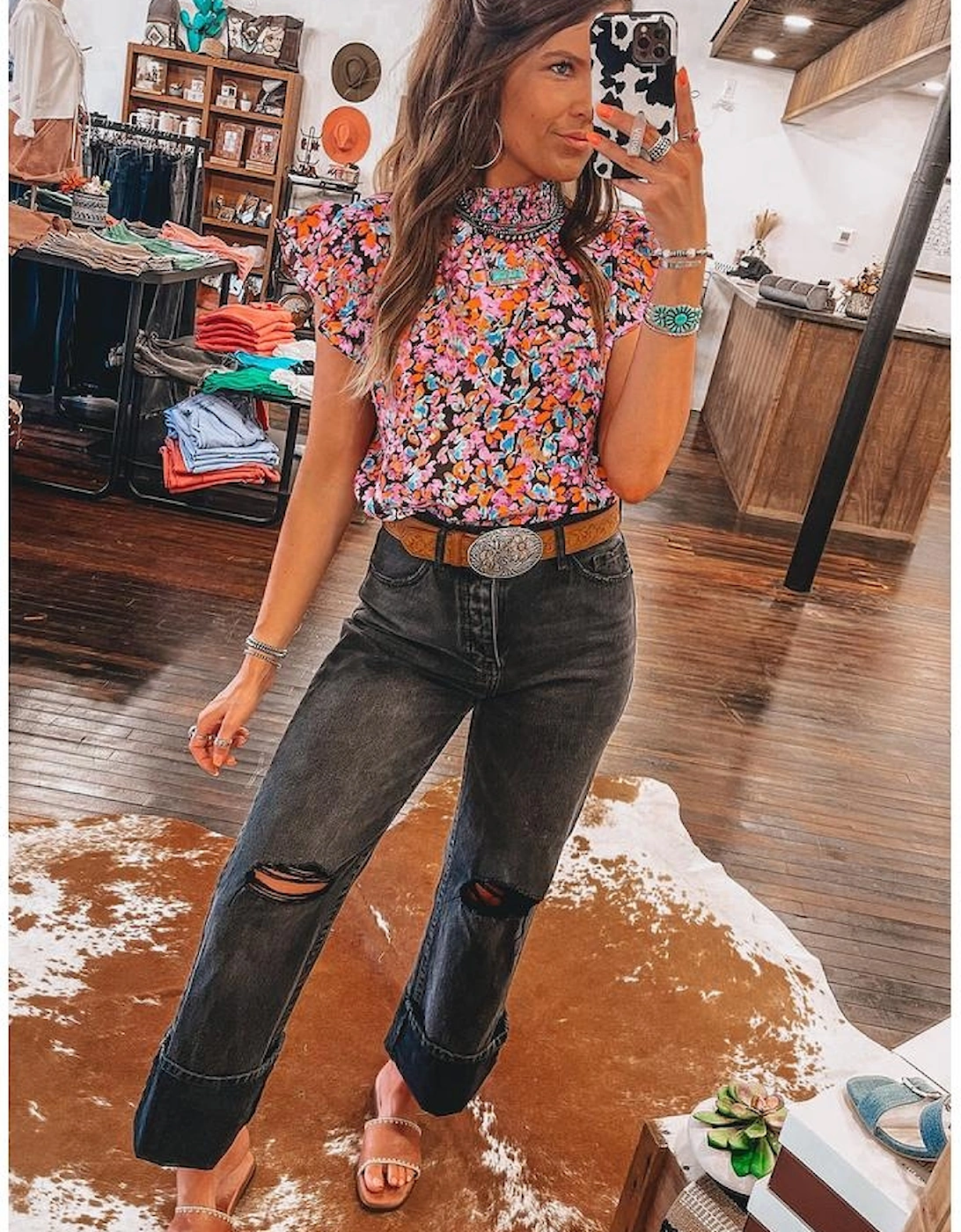 Orange Floral Print Flutter Sleeve Blouse Top