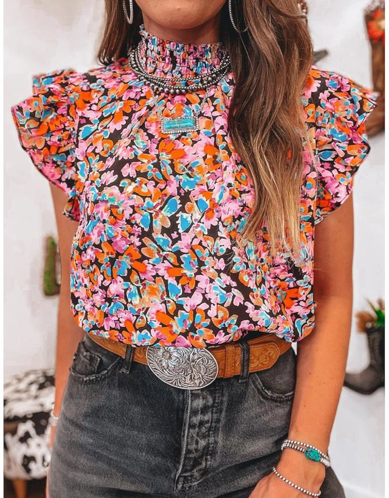 Orange Floral Print Flutter Sleeve Blouse Top