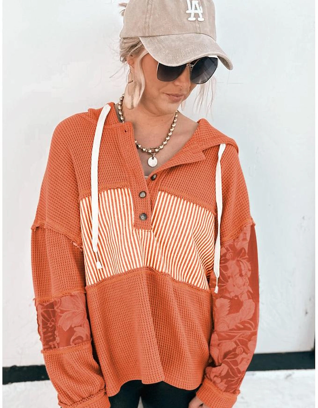 Cinnamon Waffle Printed Patchwork Drawstring Hooded Long Sleeve Top, 5 of 4