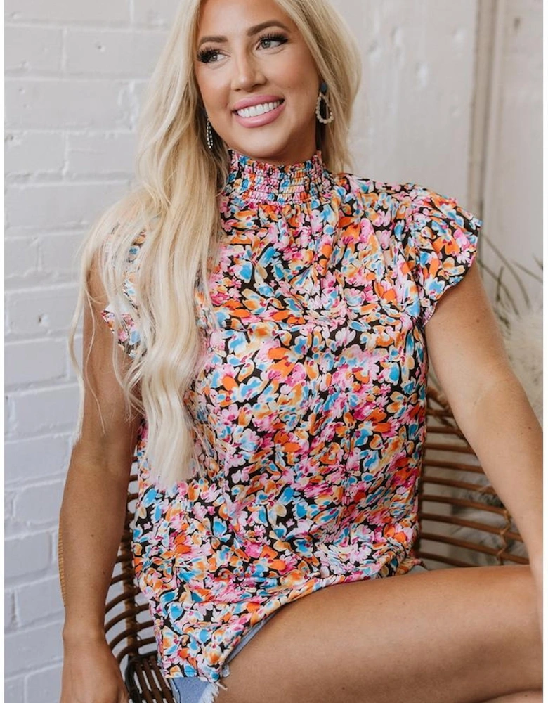Orange Floral Print Flutter Sleeve Blouse Top