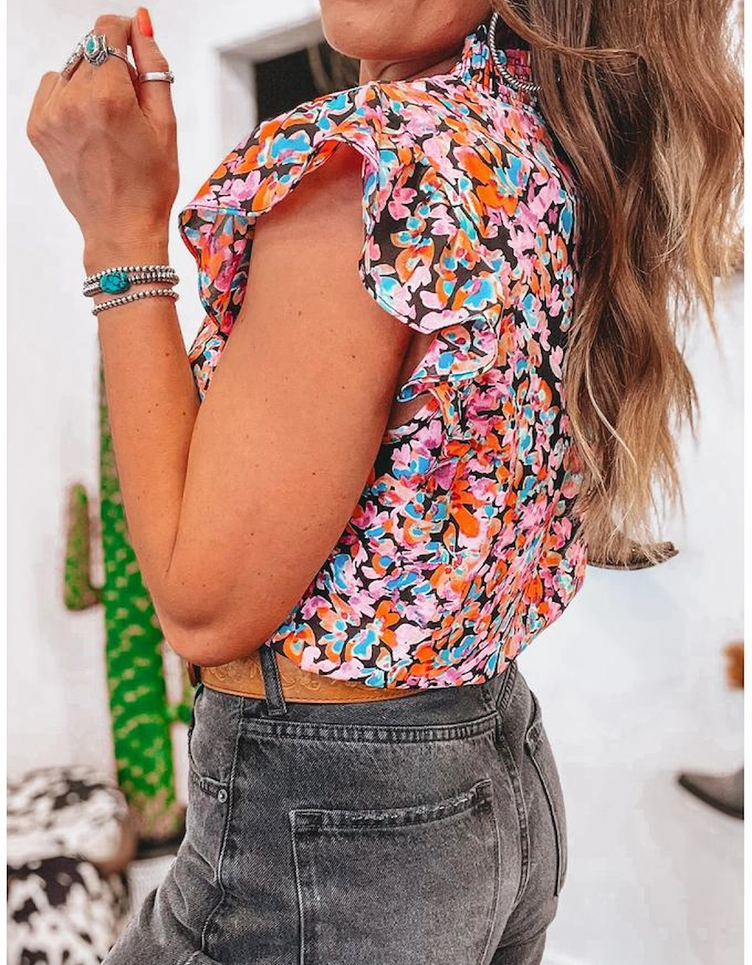 Orange Floral Print Flutter Sleeve Blouse Top