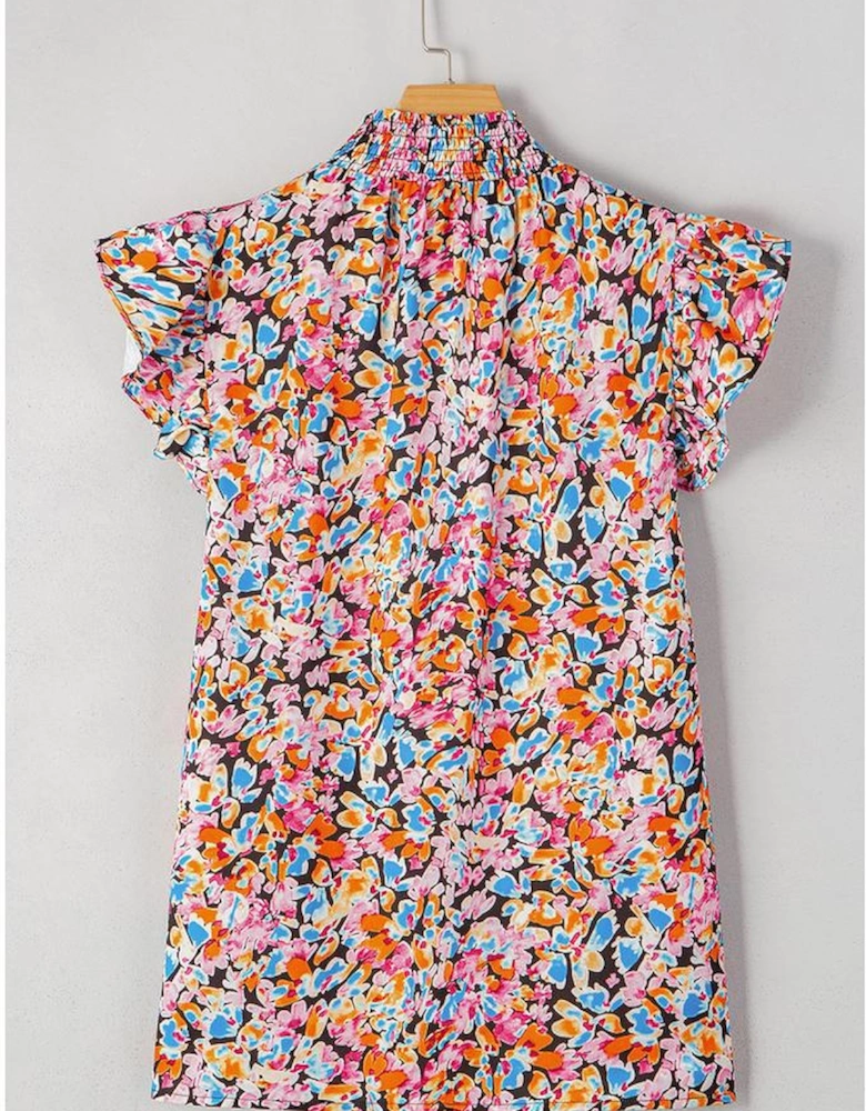 Orange Floral Print Flutter Sleeve Blouse Top