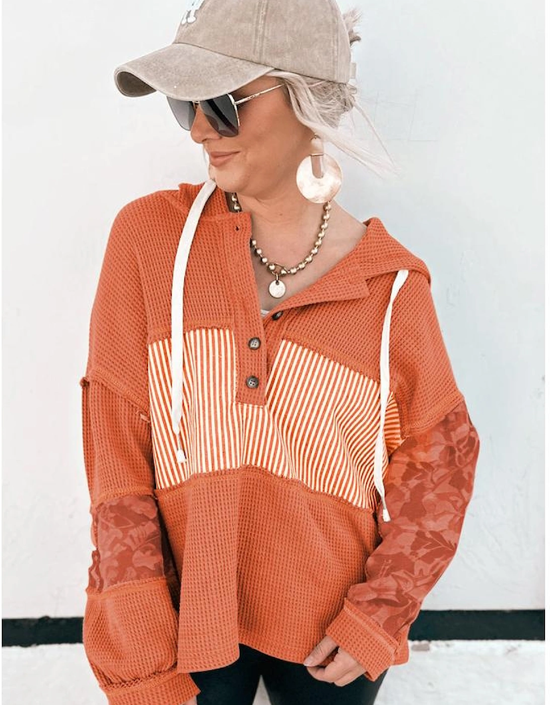 Cinnamon Waffle Printed Patchwork Drawstring Hooded Long Sleeve Top
