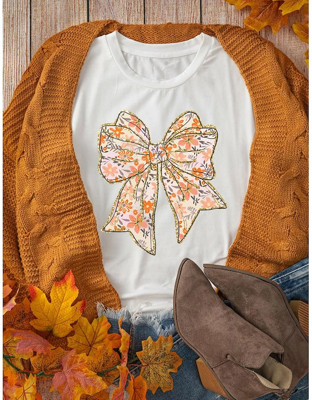 White Glitter Trim Floral Bow Print Cotton Blend T Shirt