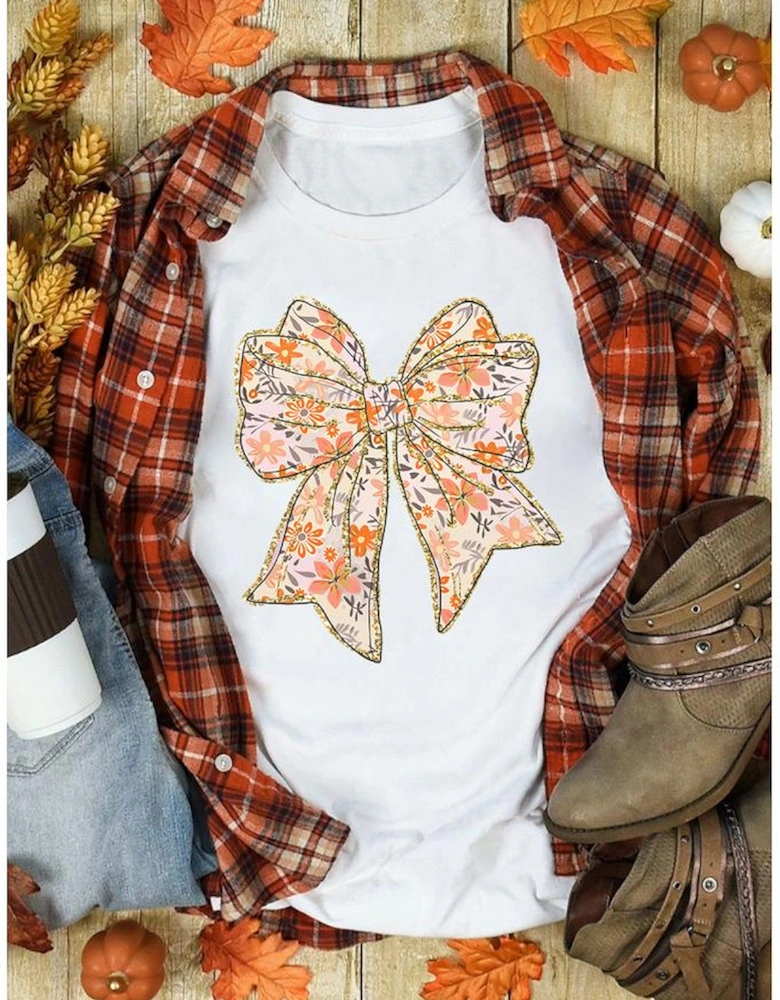 White Glitter Trim Floral Bow Print Cotton Blend T Shirt