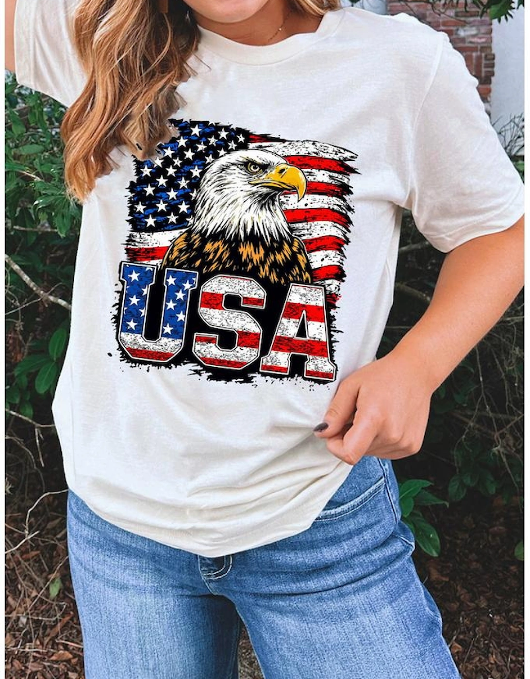 White USA Flag Eagle Graphic 4th July T Shirt