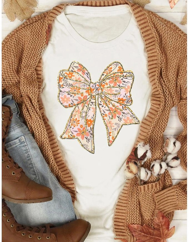 White Glitter Trim Floral Bow Print Cotton Blend T Shirt