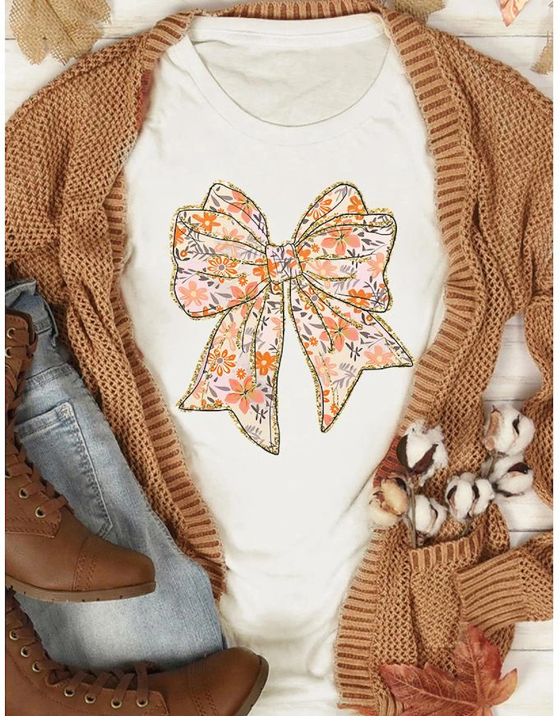 White Glitter Trim Floral Bow Print Cotton Blend T Shirt