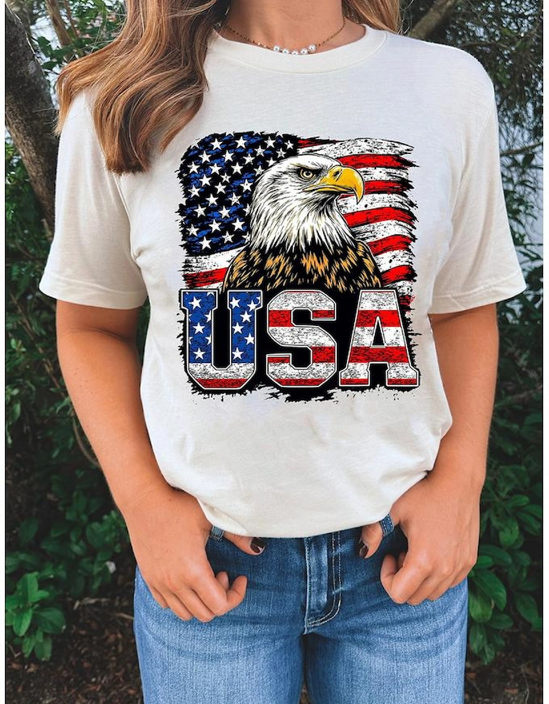 White USA Flag Eagle Graphic 4th July T Shirt