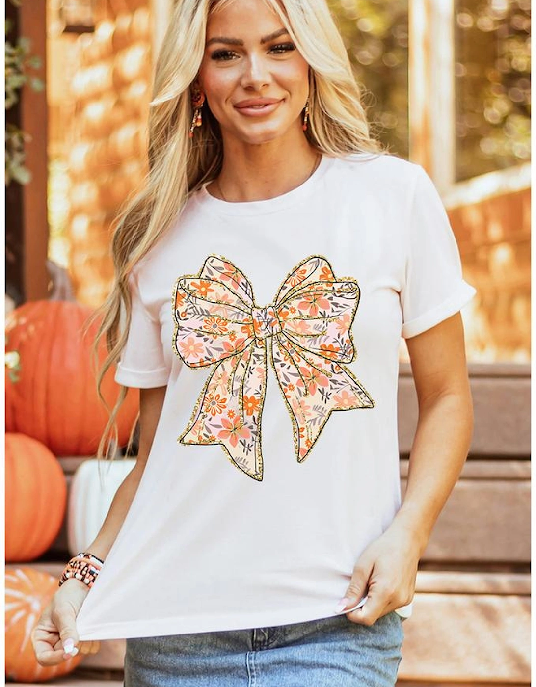 White Glitter Trim Floral Bow Print Cotton Blend T Shirt