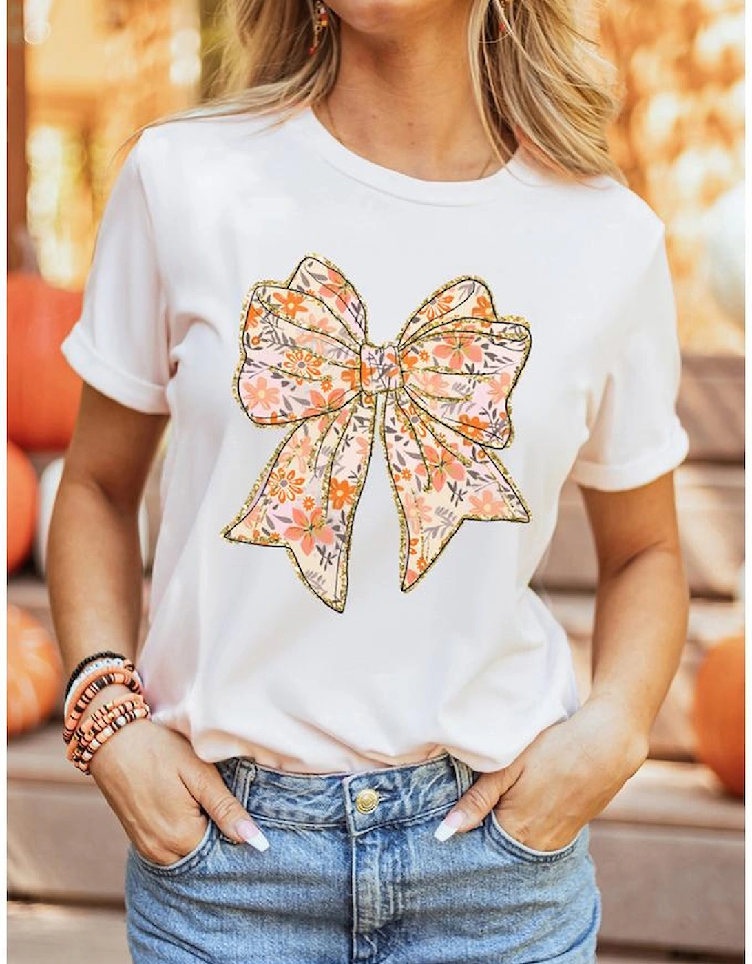 White Glitter Trim Floral Bow Print Cotton Blend T Shirt